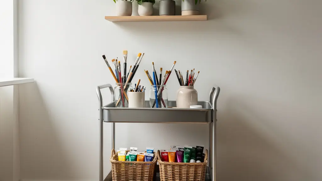 Petit espace créatif organisé avec un chariot mobile contenant du matériel artistique