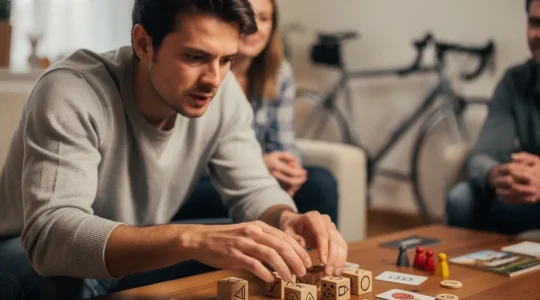 Une personne réfléchit intensément à une table de jeu avec des pions et des cubes en bois, tandis que les autres joueurs attendent en arrière-plan, ambiance de soirée jeux.