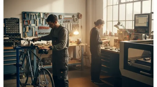 Atelier partagé lumineux où une personne règle un vélo sur un pied d’atelier, avec des machines de fabrication en arrière-plan flou et un large espace vide pour un titre.