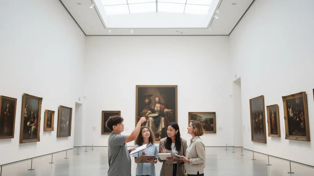 Adolescents et parents créant ensemble une grille de bingo sur papier devant des tableaux de musée