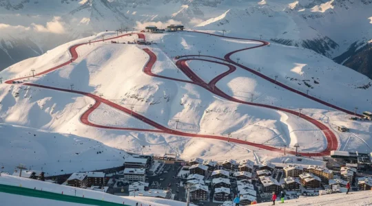 Vue panoramique d'une station de ski familiale avec skieurs de différents niveaux sur les pistes ensoleillées