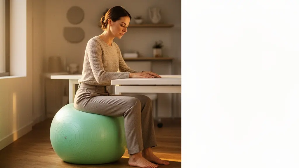Personne assise sur un Swiss Ball dans un bureau lumineux, illustrant la posture active et l'engagement des muscles stabilisateurs du tronc
