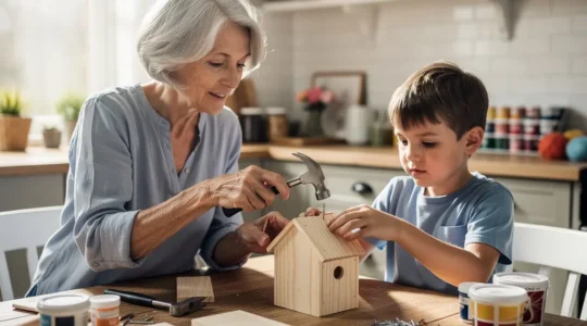 Scène chaleureuse montrant grands-parents et petits-enfants autour d'une table de bricolage, partageant un moment créatif