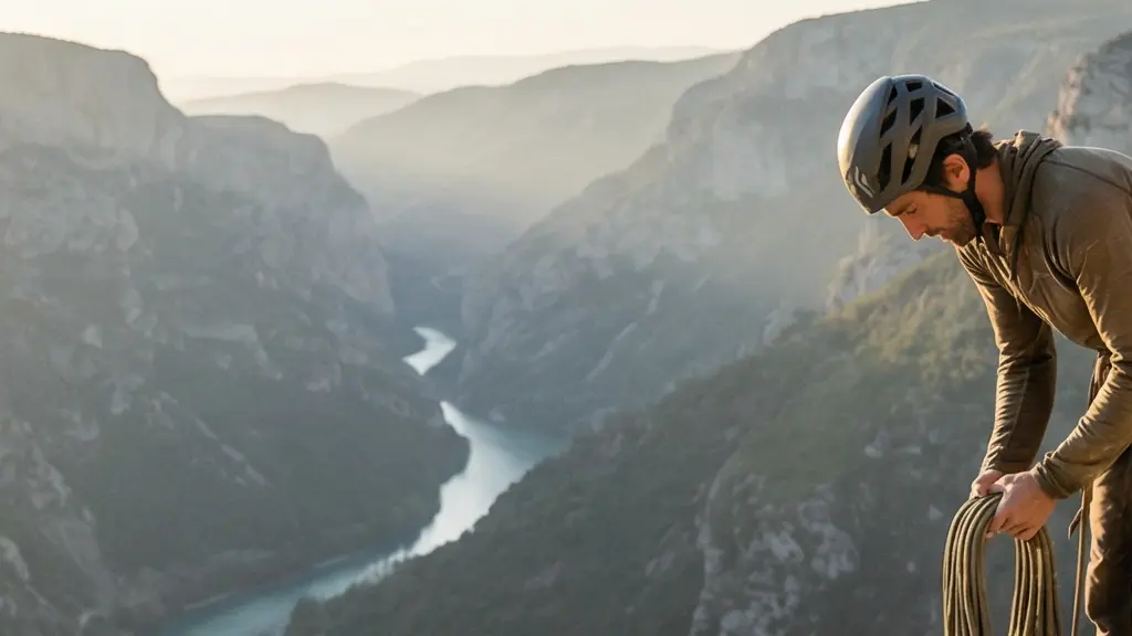 Vue large des gorges du Verdon au lever du jour, avec un grimpeur au bord de la falaise préparant sa corde, et un grand espace de ciel vide pour l'habillage editorial.