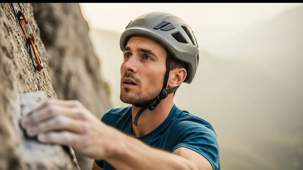 Une grimpeuse en tête sur une paroi naturelle, concentrée, avec un arrière-plan profond suggérant le vide.