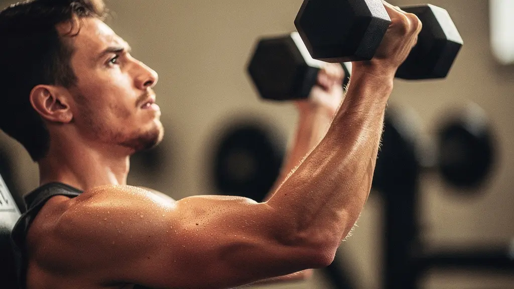 Main agrippant un haltère en position haute de développé incliné, mettant en évidence la tension des muscles stabilisateurs du bras et de l'épaule