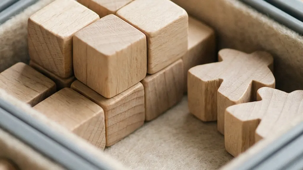 Gros plan macro sur des compartiments de rangement remplis de pions en bois et de jetons, montrant un tri net et un accès rapide.