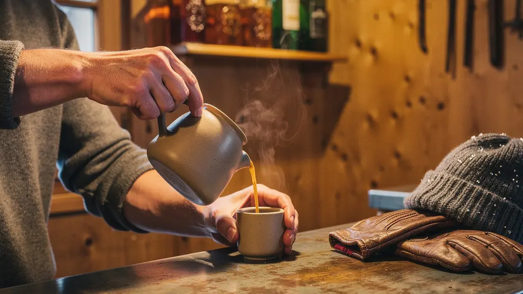 Intérieur chaleureux d'un petit bar de montagne authentique avec murs en bois ancien, lumière tamisée et comptoir en zinc usé