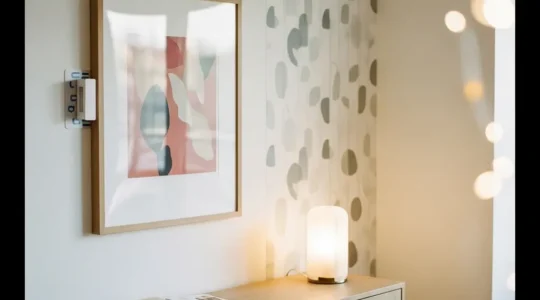 Salon d’appartement en location décoré avec des solutions réversibles : cadres accrochés sans perçage, papier peint amovible et éclairage d’ambiance.