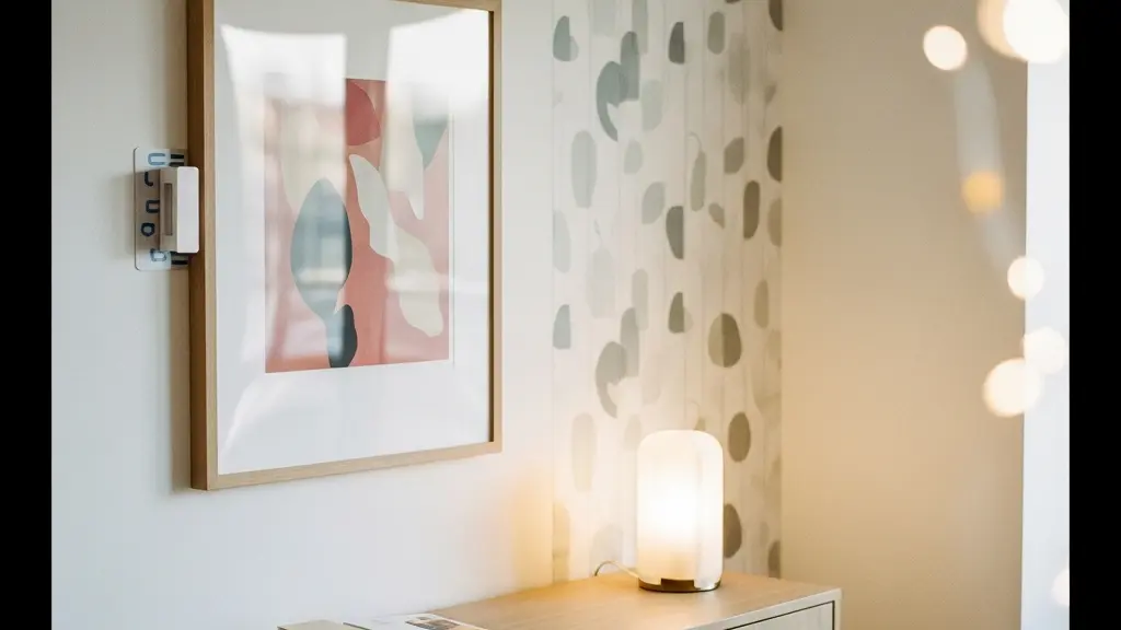 Salon d’appartement en location décoré avec des solutions réversibles : cadres accrochés sans perçage, papier peint amovible et éclairage d’ambiance.