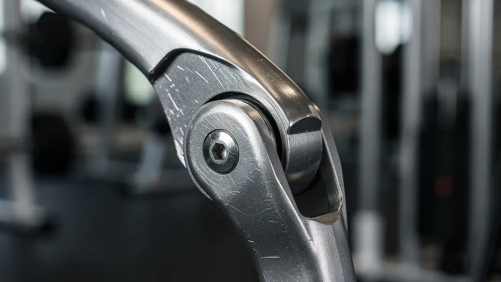 Détail macro d'une articulation d'épaule en position d'étirement sur machine à pectoraux montrant la zone de danger