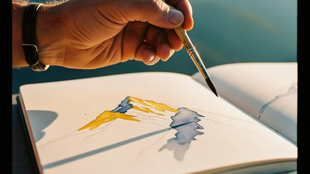 Main tenant un pinceau d'aquarelle au-dessus d'un carnet de croquis ouvert montrant une esquisse inachevée de quelques traits capturant la lumière sur un sommet