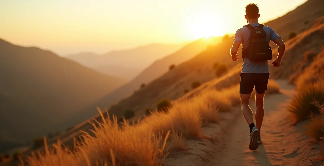 Personne en marche rapide avec gilet lesté sur un sentier en côte naturel