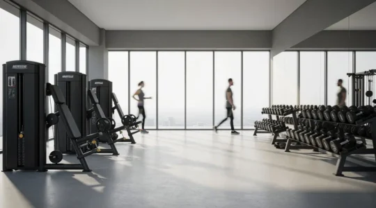 Vue comparative d'un espace de musculation montrant des machines guidées et des poids libres dans une ambiance lumineuse de salle de sport