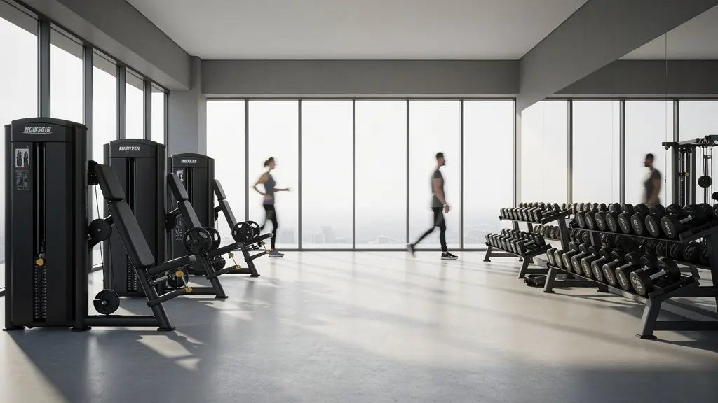 Vue comparative d'un espace de musculation montrant des machines guidées et des poids libres dans une ambiance lumineuse de salle de sport