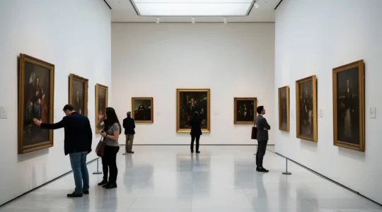 Visiteurs contemplant des tableaux classiques dans une galerie de musée