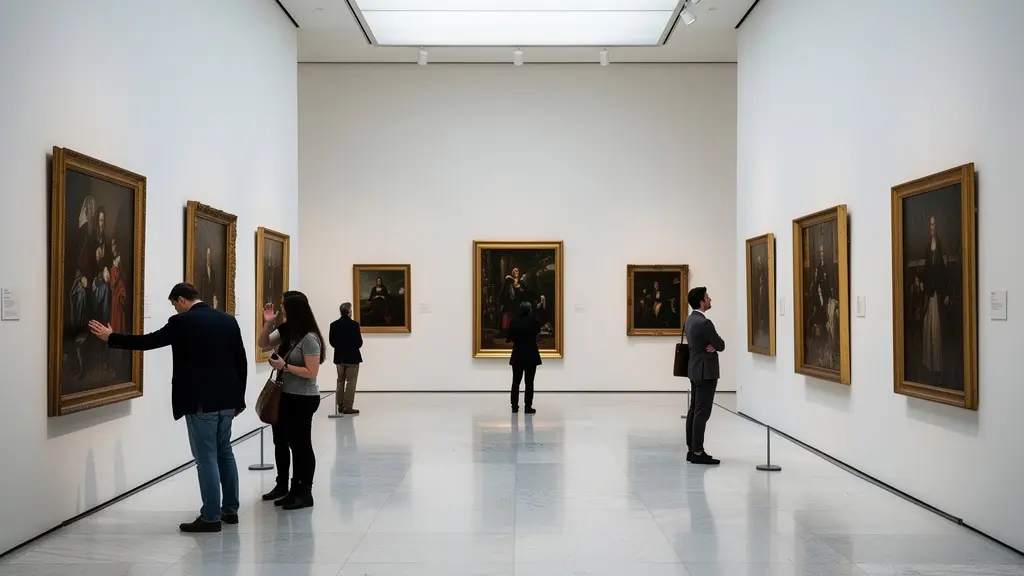 Visiteurs contemplant des tableaux classiques dans une galerie de musée
