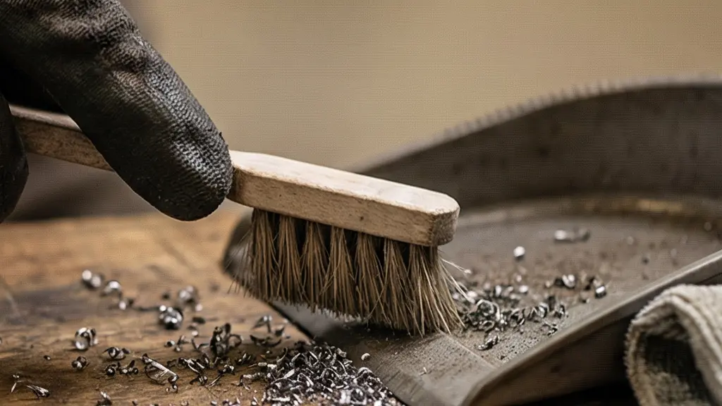 Gros plan des mains nettoyant un établi avec des copeaux de métal, un chiffon et une brosse, dans un atelier partagé.