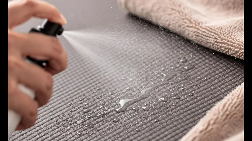 Mains pulvérisant un spray naturel sur un tapis de yoga avec serviette microfibre