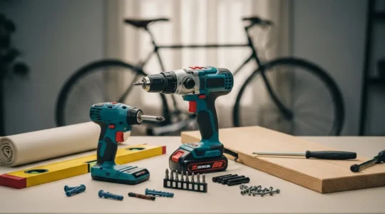 Outils de bricolage essentiels posés sur une table dans un appartement, prêts pour monter une étagère.