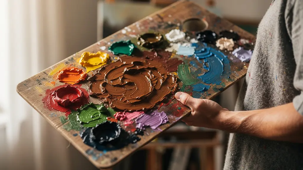 Palette de peintre avec mélanges de couleurs dans un atelier d'artiste