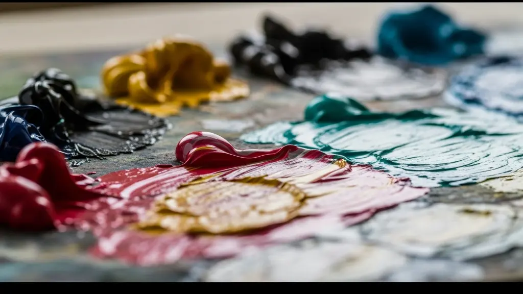 Vue rapprochée d'une palette d'artiste avec des mélanges de peinture acrylique colorés, mise en situation dans un atelier lumineux