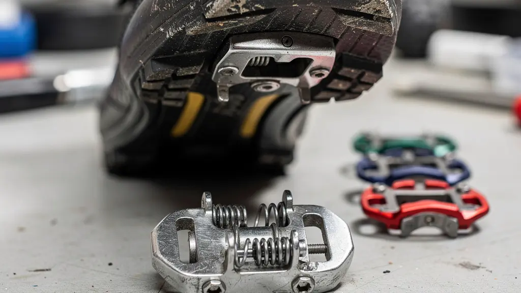 Système de pédales automatiques avec différents types de cales montrant les angles de liberté