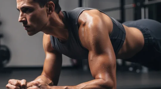 Athlète en position de planche parfaite avec muscles profonds visibles en transparence