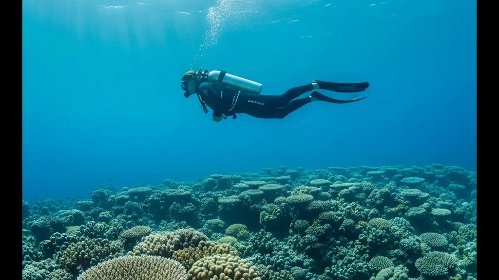 Plongeur en position horizontale parfaite au-dessus d'un récif corallien préservé