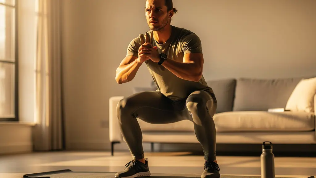 Personne effectuant des squats dans un salon lumineux avec équipement minimaliste