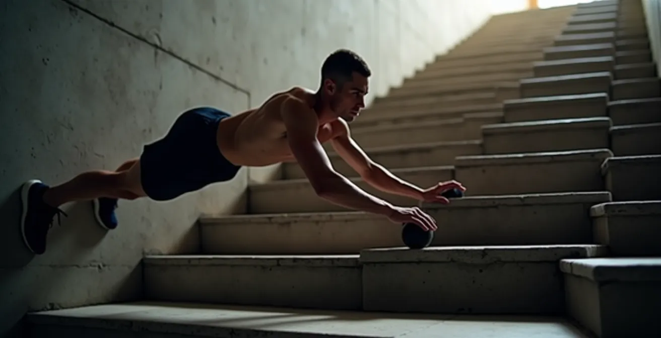 Athlète effectuant des pompes avec les mains sur une marche d'escalier