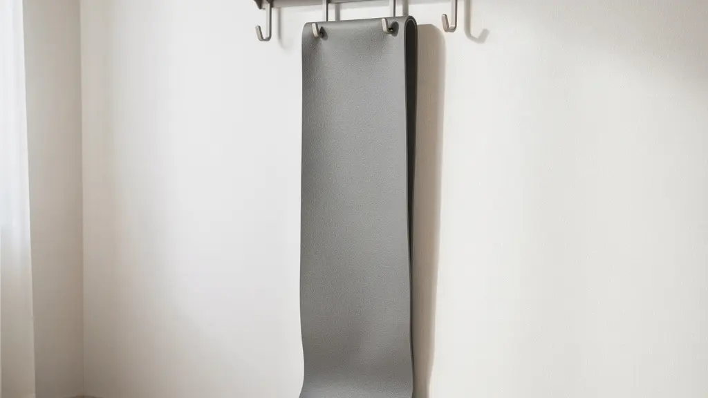 Tapis de yoga suspendu verticalement dans un espace de rangement épuré