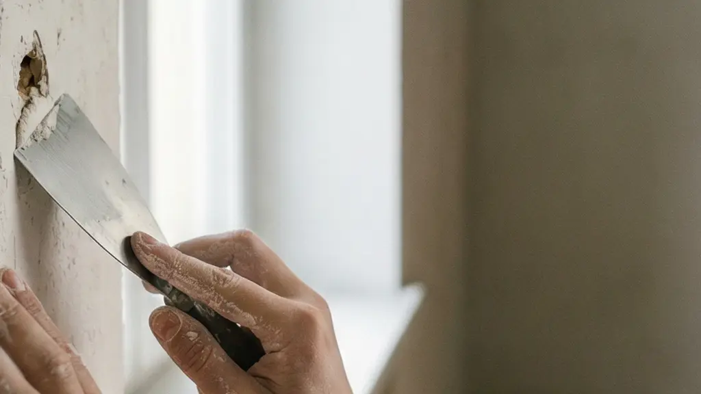 Mains en train de reboucher un trou dans un mur avec un couteau à enduire, dans un appartement lumineux.