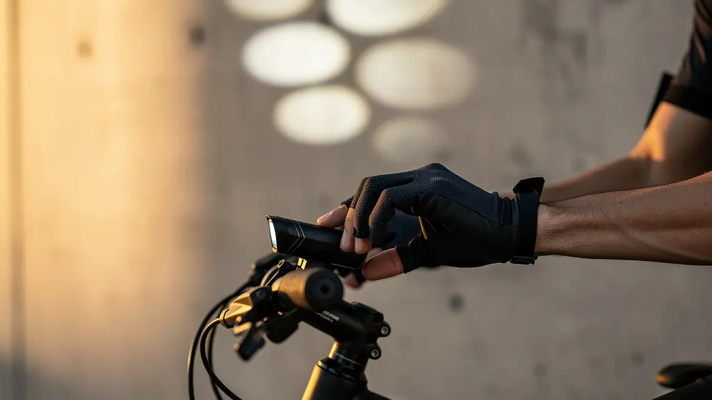 Cycliste ajustant l'angle de son phare vélo face à un mur en béton à 5 mètres