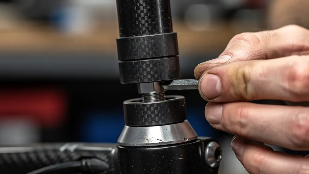 Gros plan sur l'ajustement des entretoises sous la potence d'un vélo de route