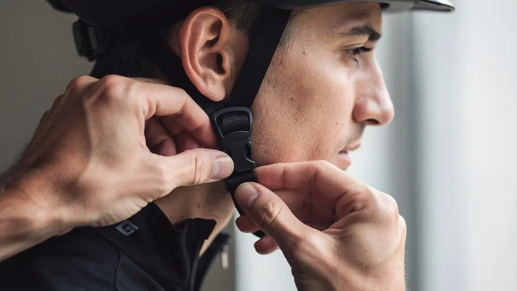 Cycliste ajustant les sangles de son casque avec position correcte du système de rétention
