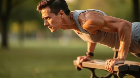 Personne en position de pompes surélevées sur un banc de parc, mains posées sur le support, corps gainé et aligné