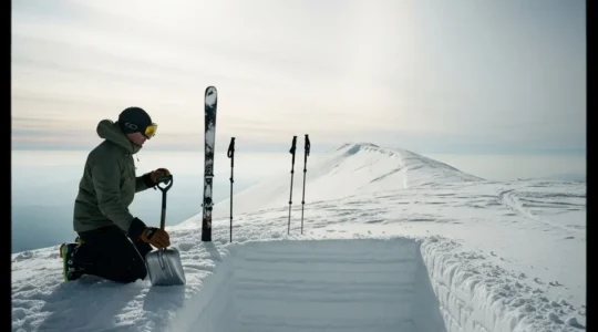 Un skieur en montagne creuse un profil de neige dans une coupe du manteau neigeux pour observer les couches, avec un large espace de ciel vide pour le titre.