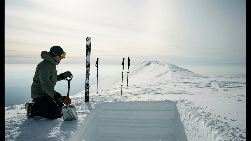 Un skieur en montagne creuse un profil de neige dans une coupe du manteau neigeux pour observer les couches, avec un large espace de ciel vide pour le titre.