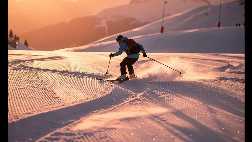 Première trace sur piste fraîchement damée au lever du soleil avec un skieur solitaire
