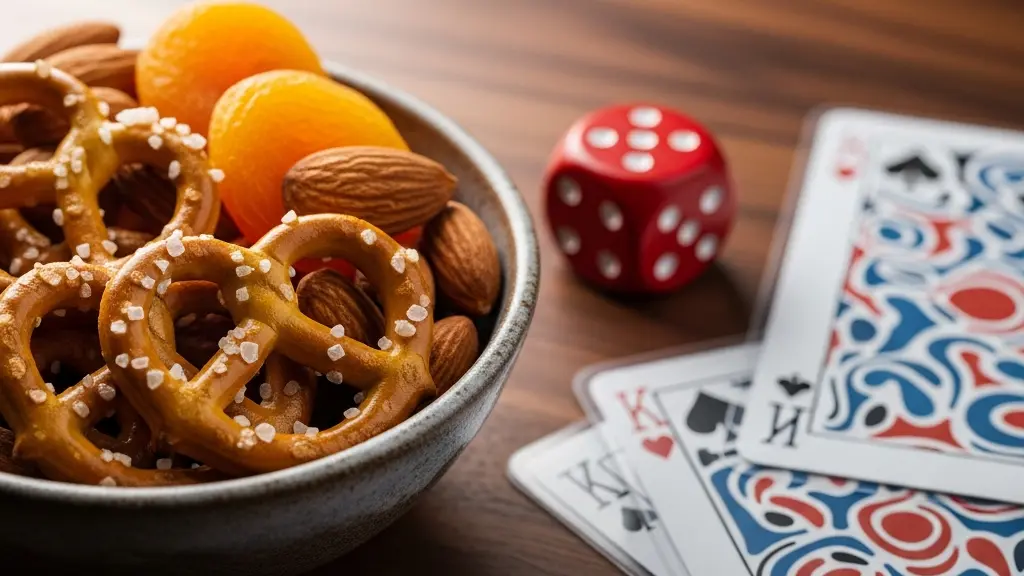 Gros plan macro sur des bretzels dorés et des fruits secs disposés dans un petit bol en céramique à côté de cartes de jeu protégées par des pochettes transparentes