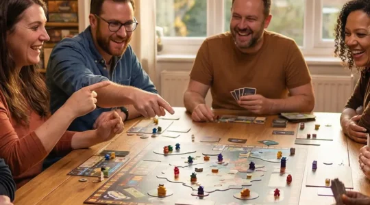 Groupe d'amis adultes jouant aux jeux de société autour d'une table en soirée