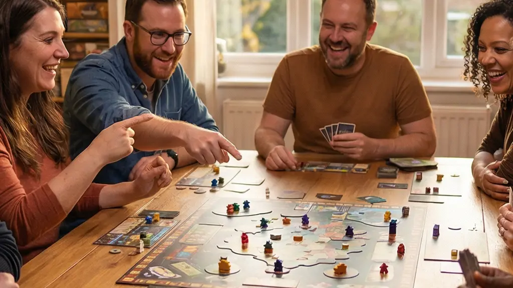 Groupe d'amis adultes jouant aux jeux de société autour d'une table en soirée