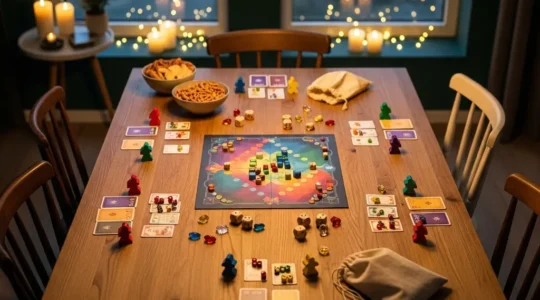 Table de jeux de société éclairée par une lumière chaude avec six places autour, dés et pions colorés au centre