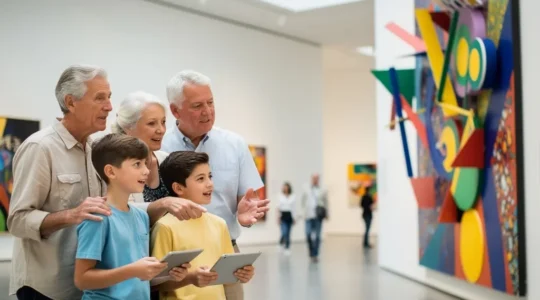 Famille dans un musée moderne avec adolescents utilisant des tablettes interactives devant une œuvre d'art colorée