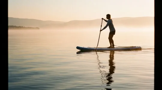 Silhouette d'une personne pratiquant le stand up paddle sur une eau calme au lever du soleil, illustrant l'effort de gainage et d'équilibre