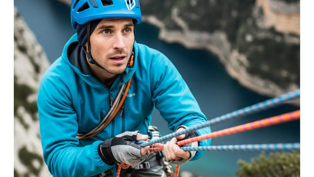 Portrait serré d'une grimpeuse casquée au bord d'une falaise, yeux concentrés, mains sur la corde avant un rappel, avec l'arrière-plan flou du canyon.