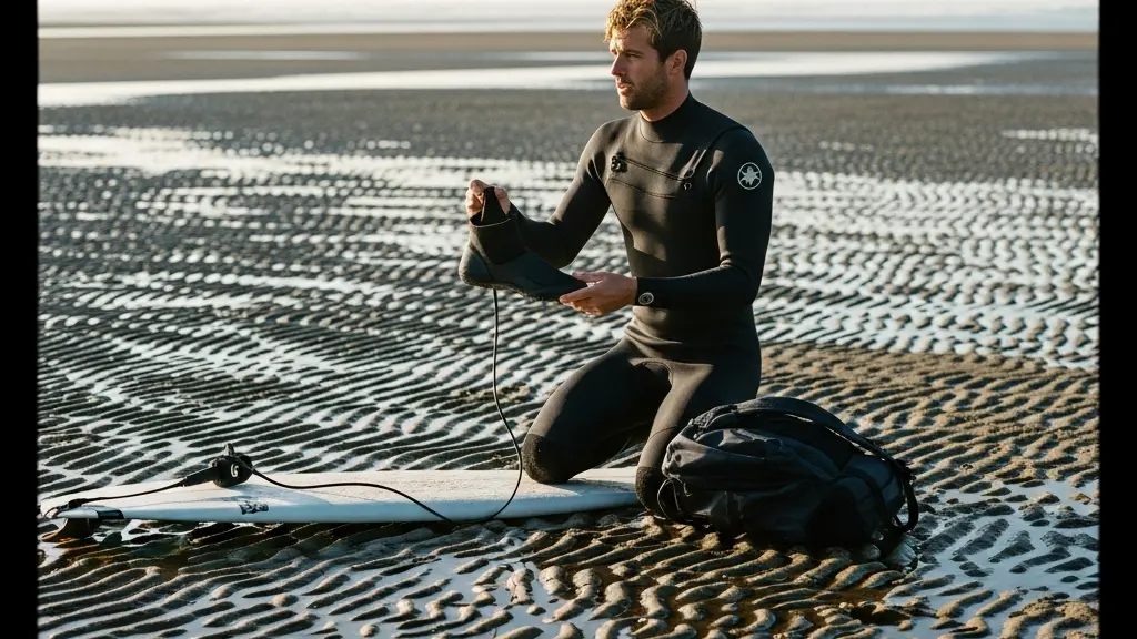 Surfeur préparant son matériel de transport sur une plage à marée basse