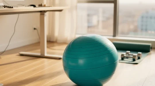 Swiss Ball posé dans un espace lumineux entre un bureau moderne et un espace d'entraînement, symbolisant la polyvalence de cet outil pour la santé lombaire