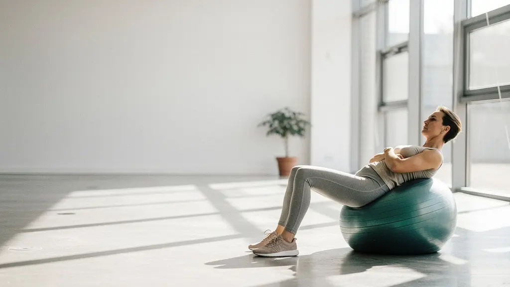 Personne réalisant un crunch sur un ballon suisse dans un espace épuré et lumineux, illustrant l'instabilité qui active les muscles profonds